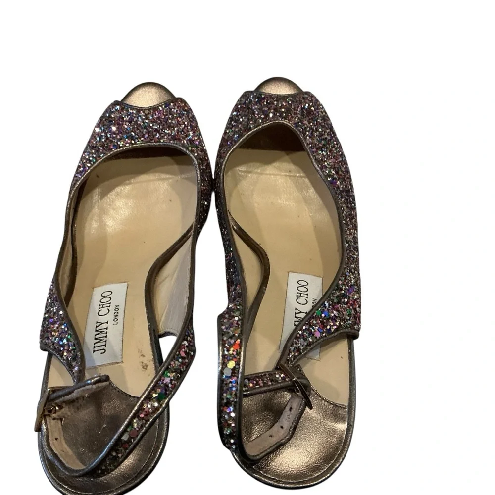 Jimmy Choo Clue platform peep toe multicolored bling slingback heel shoes Sz 40